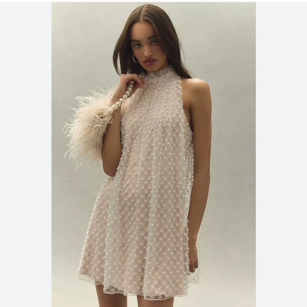 Anthropology BHLDN Tadashi Shoji Milena Allover Pearl
Halter Mini Dress Ivory